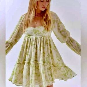 Urban Outfitters Green Floral Mini Fairy Dress
